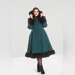 Hell Bunny Elvira Coat- Vintage Style Green Coat with Faux Fur Trim
